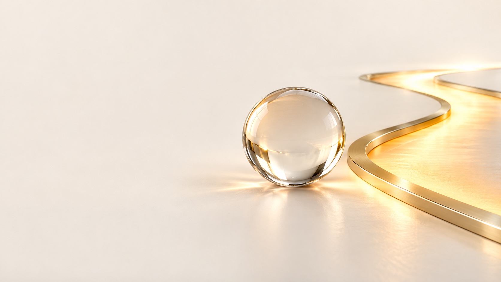 Une sphère en verre transparent repose sur une surface crème près d'un chemin incurvé bordé de laiton et éclairé d'or.
