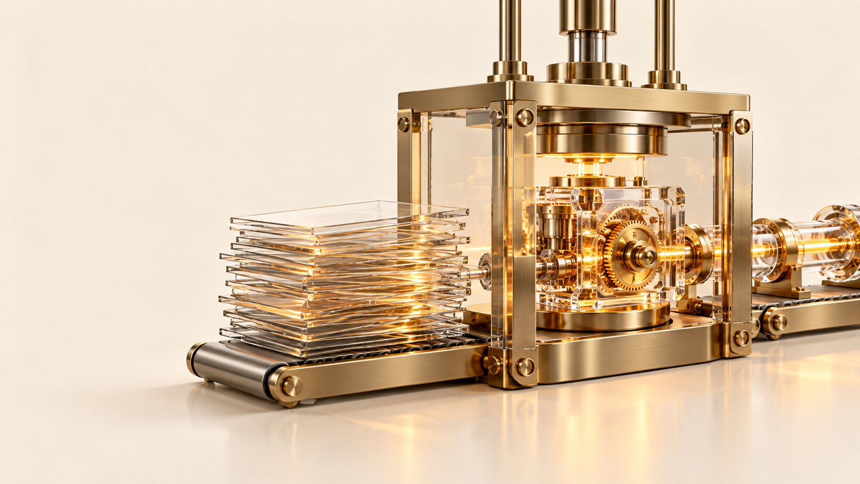 A stack of clear glass sheets sits on a conveyor beside a brass-framed transparent press containing illuminated gold gears, with a glass tube extending to the right on a cream surface.