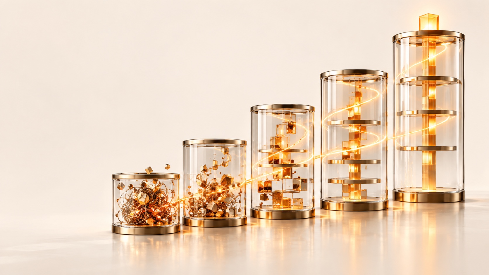 Five glass cylinders rising left to right on a white surface, lit by warm gold light: the first holds a tangle of loose gold pieces, each later tier is more ordered, and the tallest holds a single clean gold column.