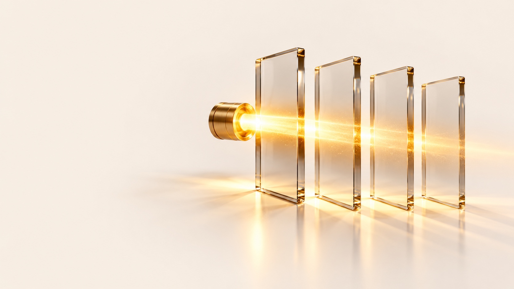Four transparent glass panes with gold edges stand on a pale cream surface as a warm beam from a brass cylinder passes through them, fading to the right.