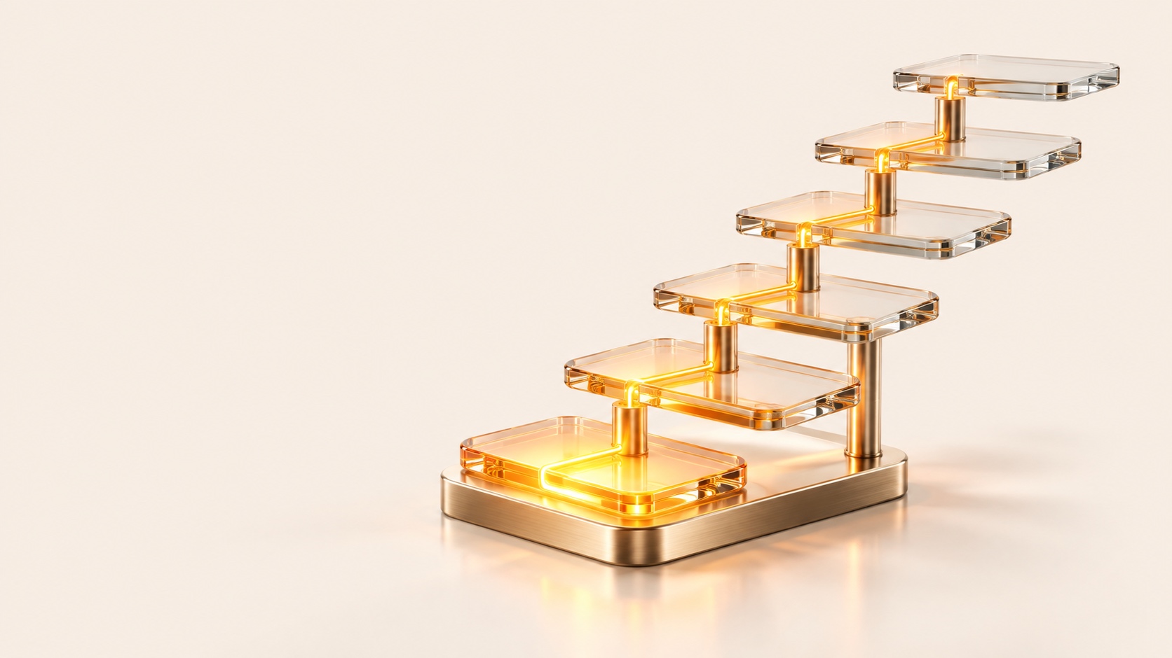 Six square glass trays rise like a staircase from a brass base, each held up by a brass post, with warm golden light glowing brightest in the lowest tray and running up through the posts to the top, on a cream background.