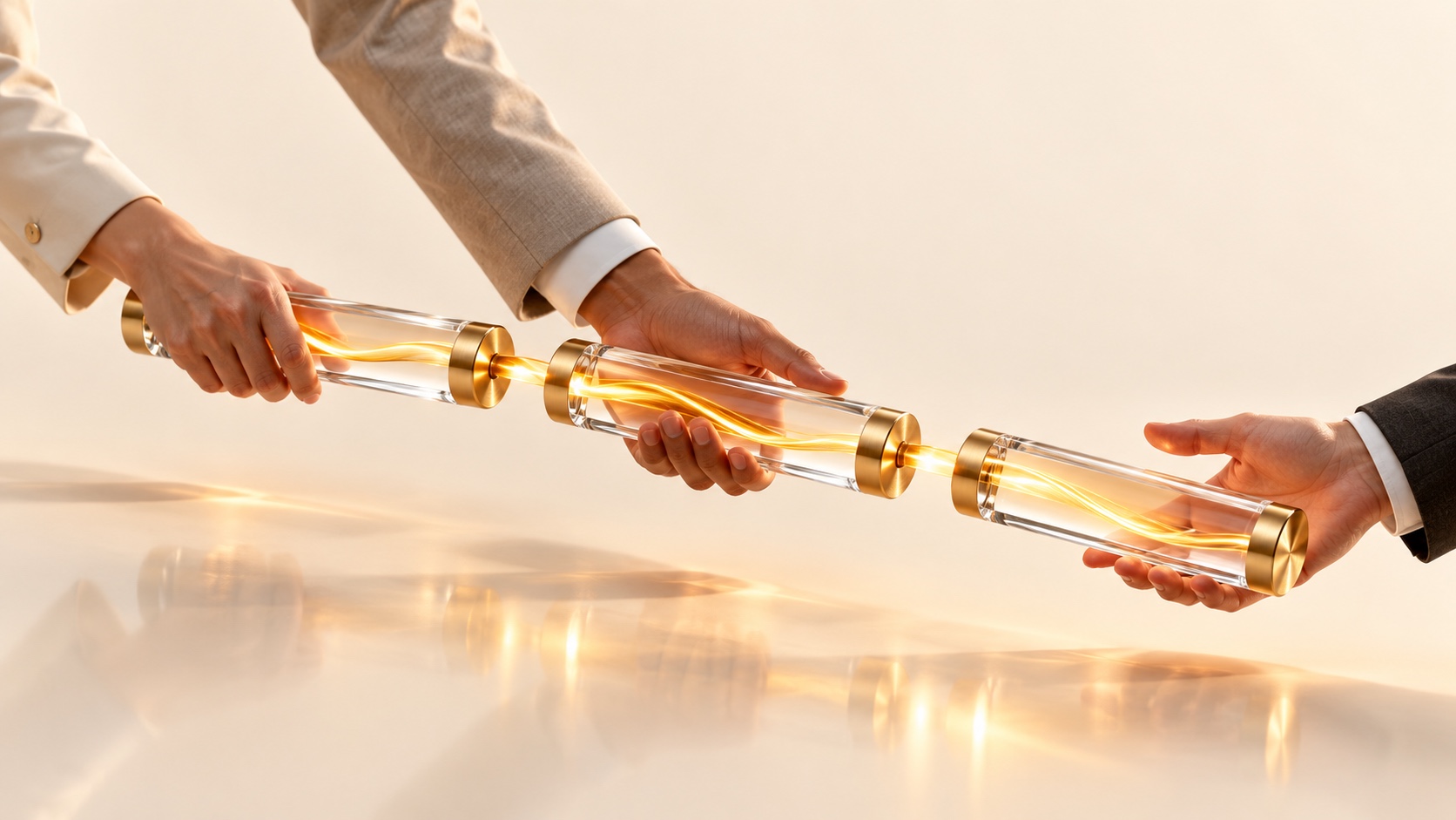 Three hands passing a chain of three clear glass tubes with gold end caps, joined by one continuous thread of warm gold light, above a reflective cream surface.