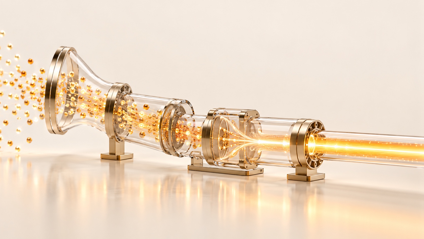 Des particules dorées dispersées à gauche entrent dans un tube de verre évasé à brides métalliques posé sur de petits supports, puis se resserrent à travers des sections de verre jointes en un seul faisceau doré éclatant à droite, au-dessus d’une surface crème réfléchissante.